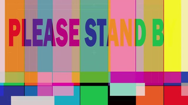 sequence of television, video and vcr images showing no signal, grids, guides, colour charts, test patterns alongside glitch and distortion