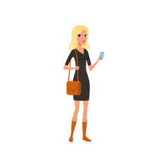Beautiful caucasian woman with smartphone in hand. Cartoon blonde girl character wearing black dress, brown boots and bag on shoulder. Isolated flat vector design
