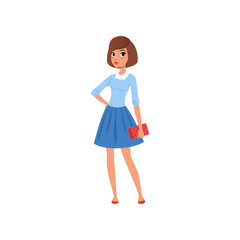 Portrait of brunette caucasian woman with red handbag. Cartoon female character dressed in blue skirt and sweater with white shirt underneath. Flat vector design