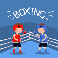 Two boy boxers fighting with gloves at the court, kids sport banner, vector Illustration