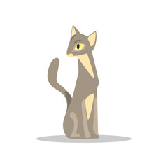 Elegant short-haired cat with gray-beige color and yellow eyes. Cartoon character of mammal domestic animal. Flat vector design for book cover, sticker or flyer