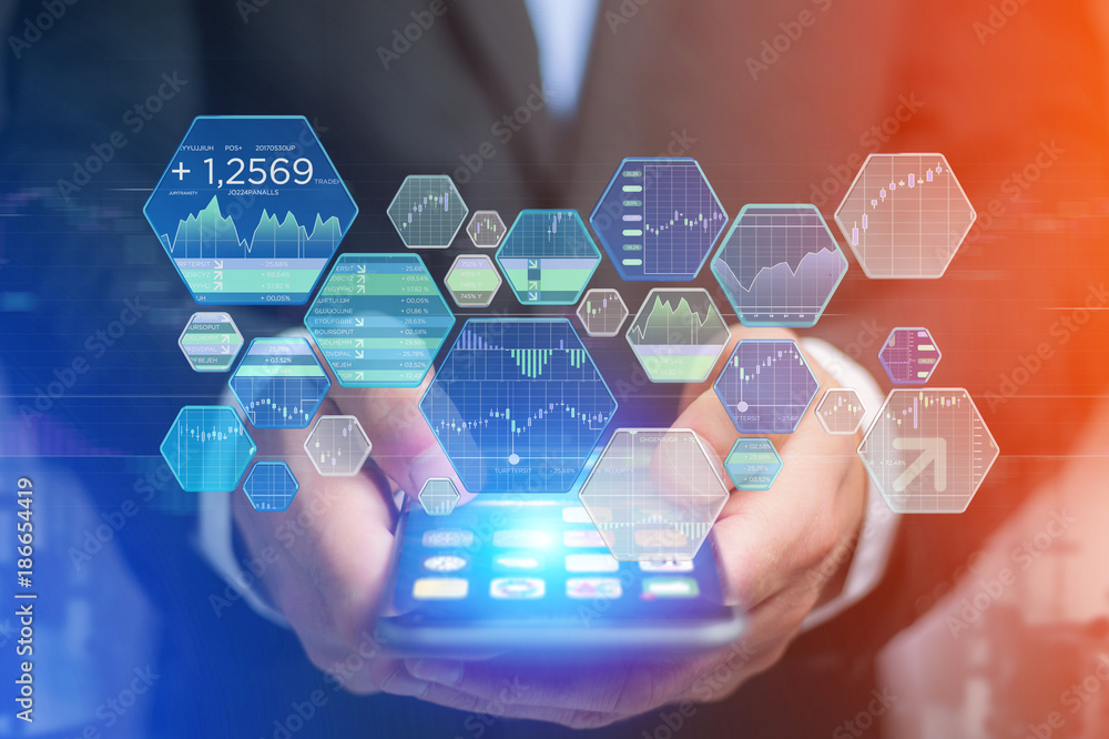 Poster stock exchange trading data information displayed on a futuristic interface