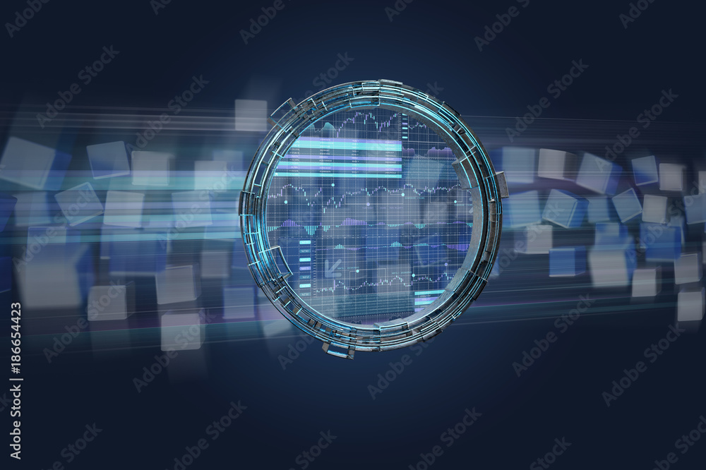 Poster hologram made of wheel with a futuristic finance data interface - 3d render
