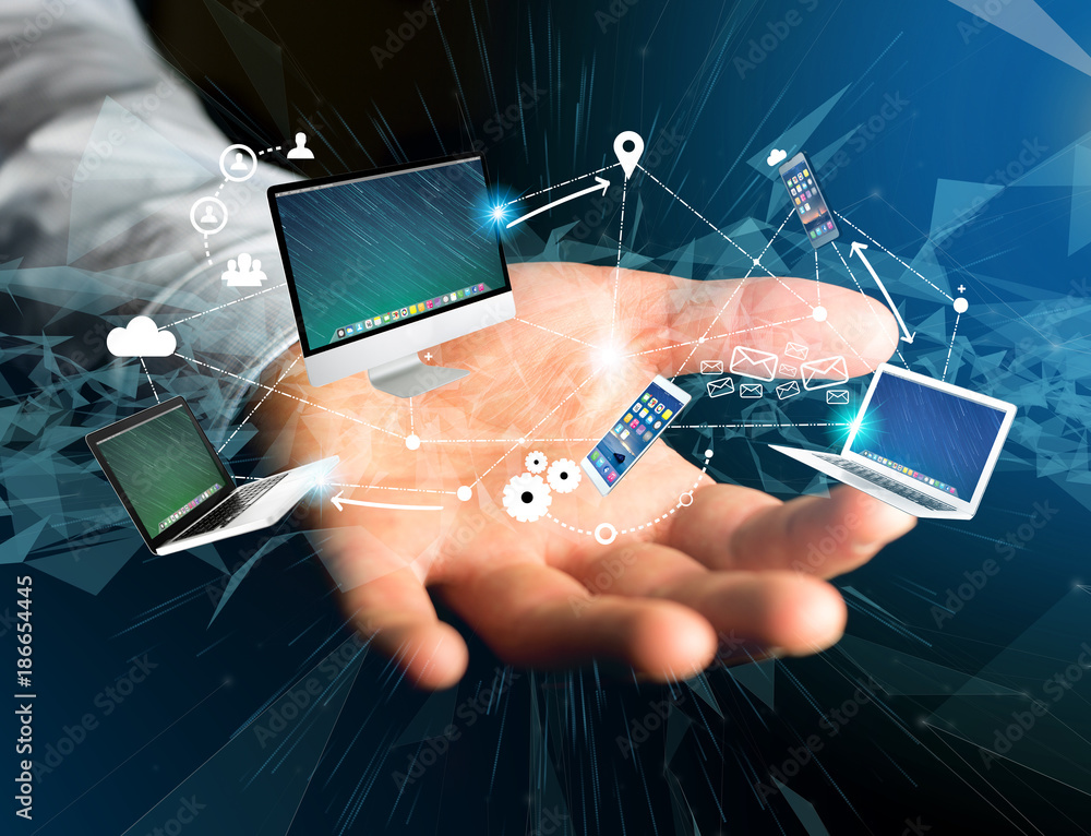 Poster Computer and devices displayed on a futuristic interface with interantional network - Multimedia and technology concept