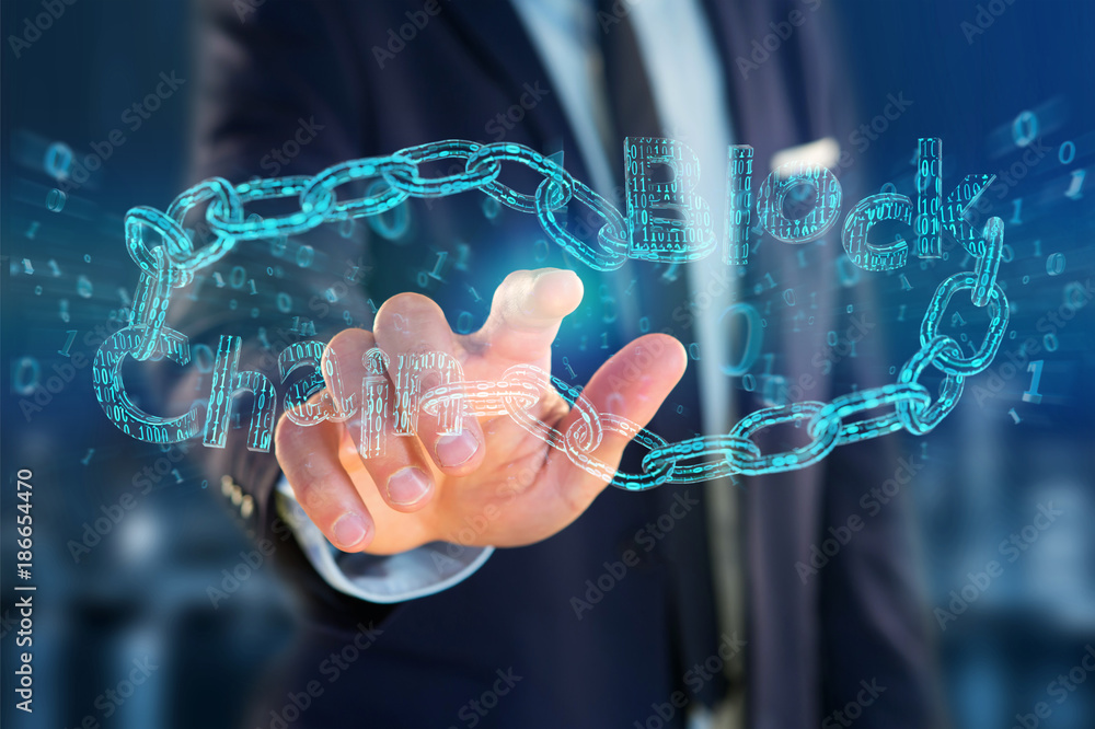 Poster blockchain title with a cahin made of data number - 3d render