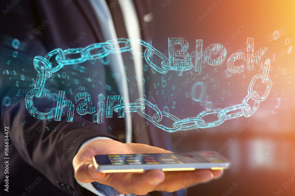 Poster blockchain title with a cahin made of data number - 3d render