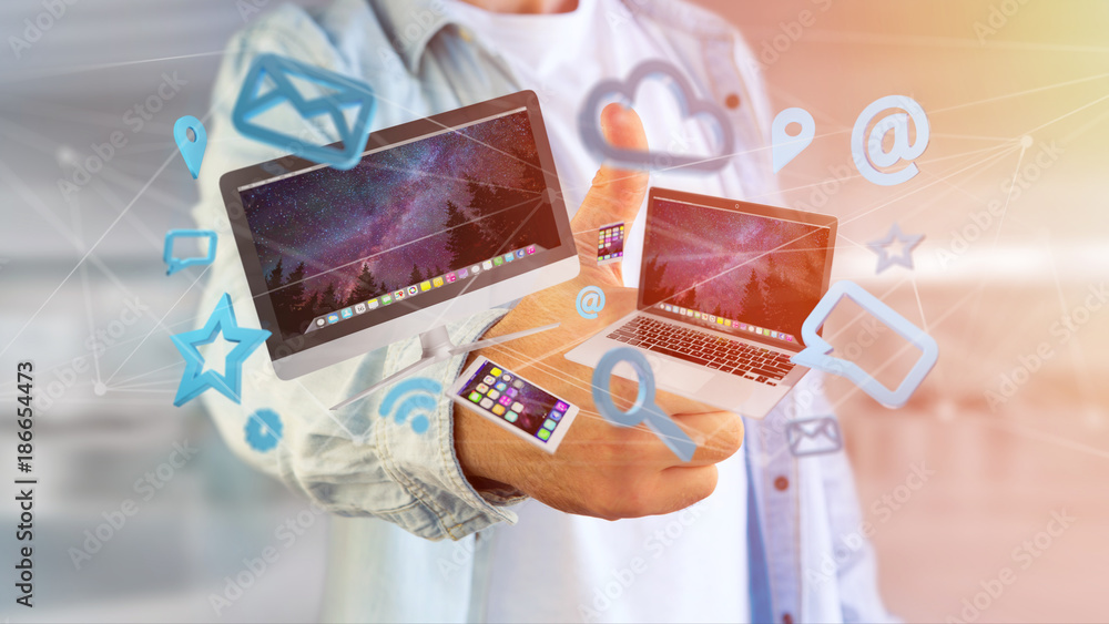 Poster devices like smartphone, tablet or computer flying over connection network and app- 3d render