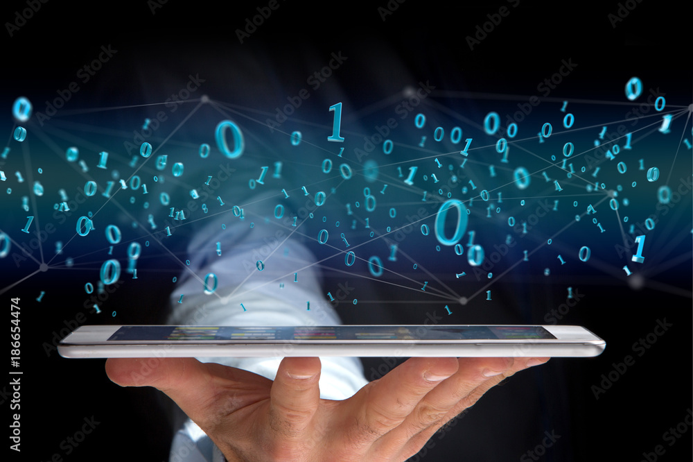 Poster network connection of data with 0 and 1 number - 3d render