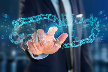 Blockchain title with a cahin made of data number - 3d render