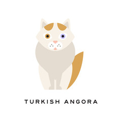 Turkish angora cat. Cartoon domestic animal with white fur, red markings on head and tail, pink nose, one blue and one amber eye. Flat vector for zoo shop or vet clinic
