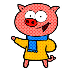 cheerful pig wearing winter clothes cartoon
