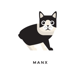 Portrait of manx cat. Short-haired tailless animal with cute rounded head, shiny eyes, white and black fur. Purebred pet. Flat vector design for zoo shop or vet clinic