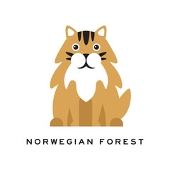 Norwegian forest cat. Fluffy domestic animal with long red hair, black markings on head, white chest and big shiny eyes. Cartoon purebred pet. Flat vector design