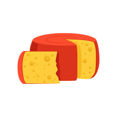 Rounded cylinder Holland Edam cheese covered with red wax. Gourmet food. Dairy product. Flat vector design for promotional promo poster or banner of grocery store
