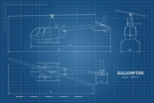 Blueprint of helicopter. Top, front and side view. Detailed image of business vehicle.  Industrial isolated drawing. Copter in outline style