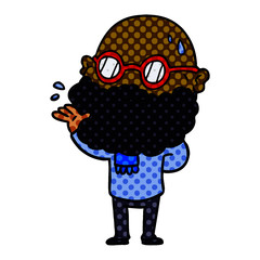 cartoon worried man with beard and spectacles