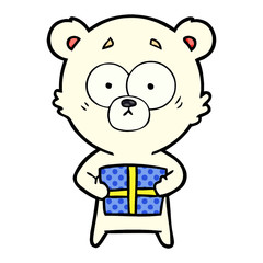 nervous polar bear cartoon with gift