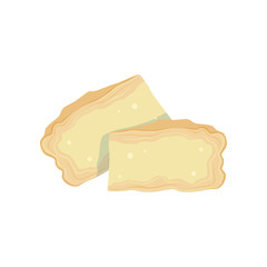 Two pieces of soft Brie cheese from cow s milk. Cooking or healthy food. Organic dairy product. Isolated flat vector design for menu, book or promo flyer