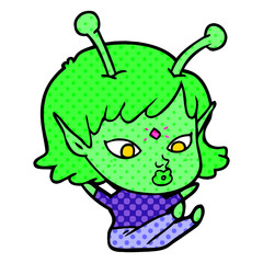 pretty cartoon alien girl sitting