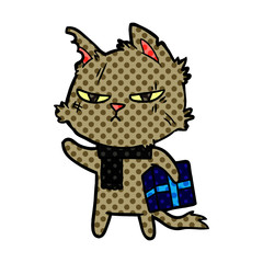 tough cartoon cat with christmas present