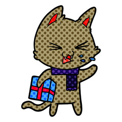 cartoon hissing cat with christmas present