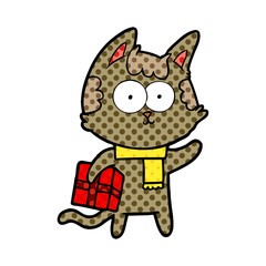 happy cartoon cat with christmas present