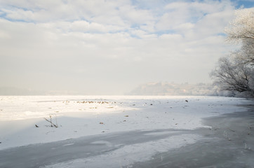 Frozen river Danube in Novi Sad, Serbia 