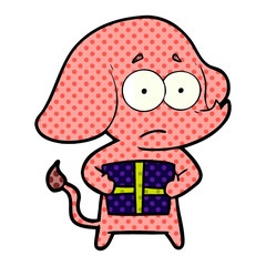 cartoon unsure elephant with christmas present