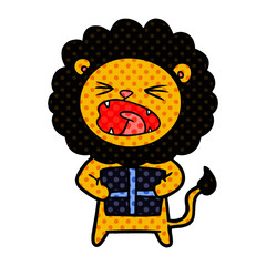 cartoon lion with christmas present
