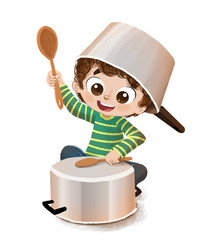 Niño en la cocina con cacerolas haciendo el loco - 186657009
