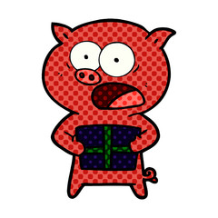 cartoon pig with christmas present