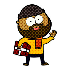 cartoon bearded man with present