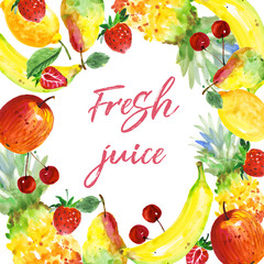 Exotic composition healthy food frame in a watercolor style. Full name of the fruit:apple, pear, cherry, lemon, strawberry. Aquarelle wild fruit for background, texture, wrapper pattern or menu.