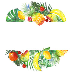 Exotic composition healthy food frame in a watercolor style. Full name of the fruit:apple, pear, cherry, lemon, pineapple. Aquarelle wild fruit for background, texture, wrapper pattern or menu.