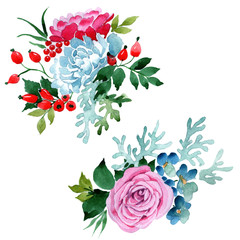 Bouquet flower in a watercolor style isolated. Full name of the plant: rose, peony. Aquarelle wild flower for background, texture, wrapper pattern, frame or border.