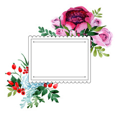Bouquet flower frame in a watercolor style. Full name of the plant: rose, peony. Aquarelle wild flower for background, texture, wrapper pattern, frame or border.