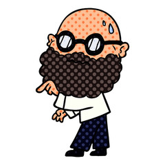 cartoon worried man with beard and spectacles pointing finger