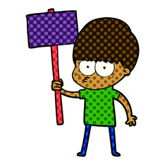 nervous cartoon boy holding placard