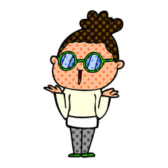 cartoon shrugging woman wearing spectacles