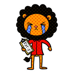 cartoon crying lion with clipboard