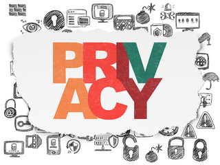 Naklejka premium Security concept: Painted multicolor text Privacy on Torn Paper background with Hand Drawn Security Icons