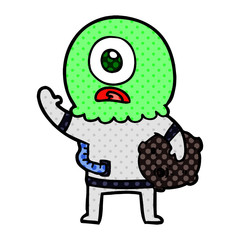 cartoon cyclops alien spaceman waving