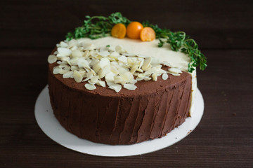 chocolate cake decorated with nuts | side view