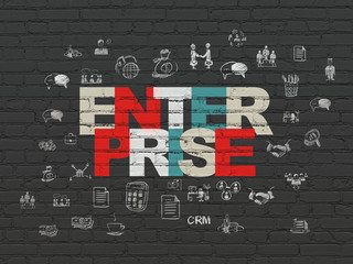 Business concept: Painted multicolor text Enterprise on Black Brick wall background with  Hand Drawn Business Icons