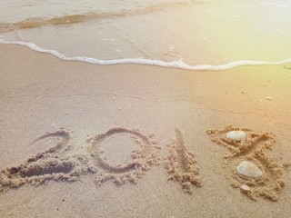 Happy New year 2018 with the waves beat at the beach and shell fragments.