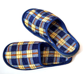 Pair soft comfortable home slippers with Scottish cage for home. Isolated. White background