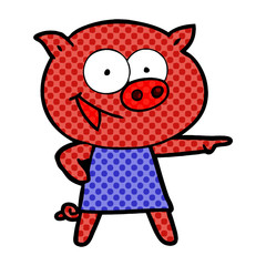 cheerful pig in dress pointing cartoon