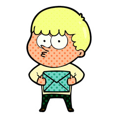 cartoon curious boy carrying a gift