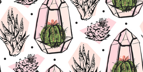 Hand getekende vector abstracte naadloze patroon met terrarium, polka dots textuur en cactussen planten in pastelkleuren geïsoleerd op witte bakground.Ontwerp voor decoratie, mode, stof, verpakking, bewaar deze datum.