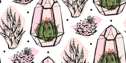 Behang Terrariumplanten Hand getekende vector abstracte naadloze patroon met terrarium, polka dots textuur en cactussen planten in pastelkleuren geïsoleerd op witte bakground.Ontwerp voor decoratie, mode, stof, verpakking, bewaar deze datum.